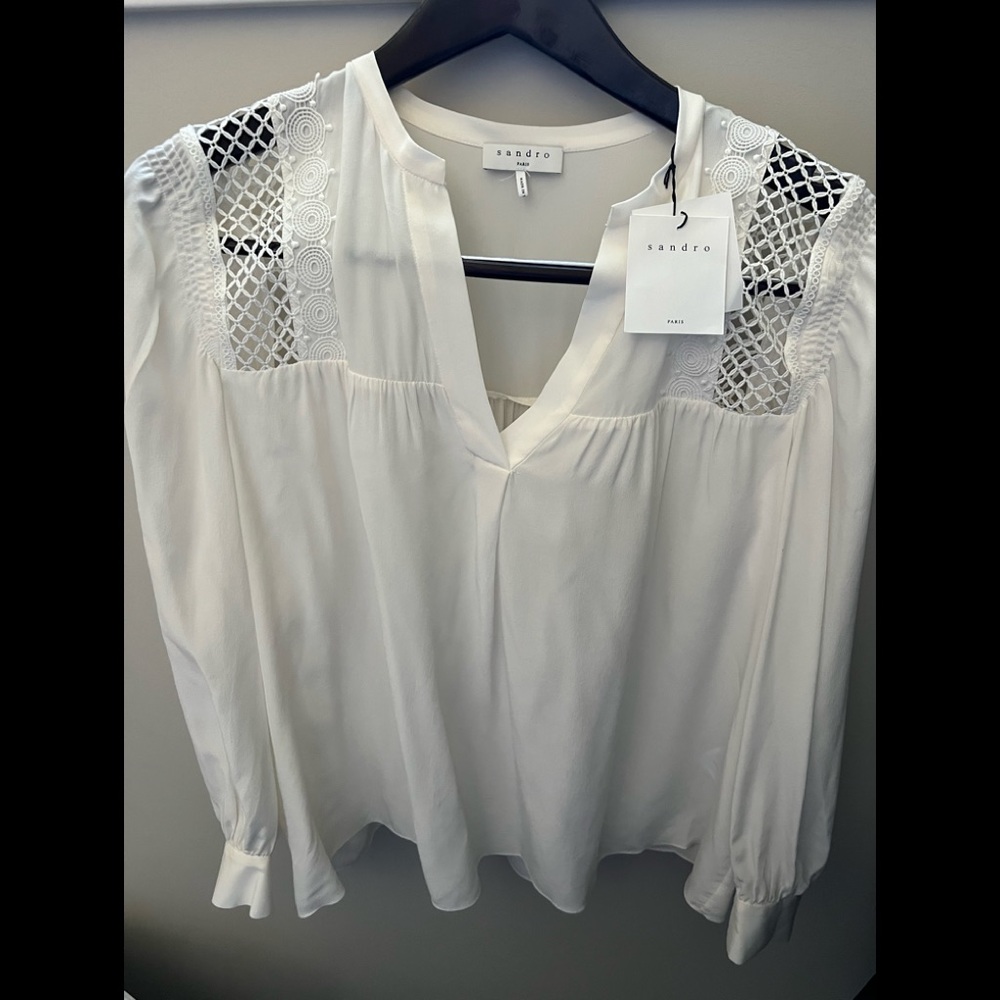 NWT Sandro Paris EU SZ 2 Women's White Tommy Lace-inset Silk Top
